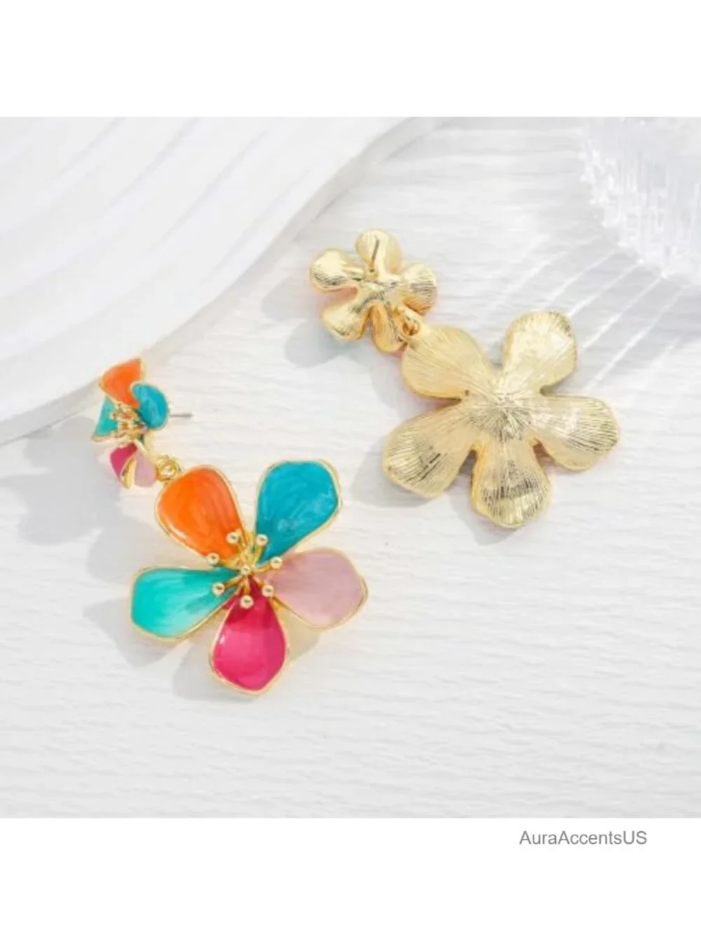 Hand-Painted Enamel Flower Drop Earrings Double Floral Statement Dangle